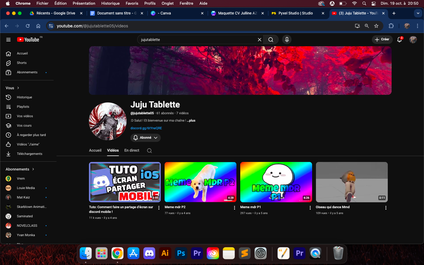 screenshot of my old youtube channel